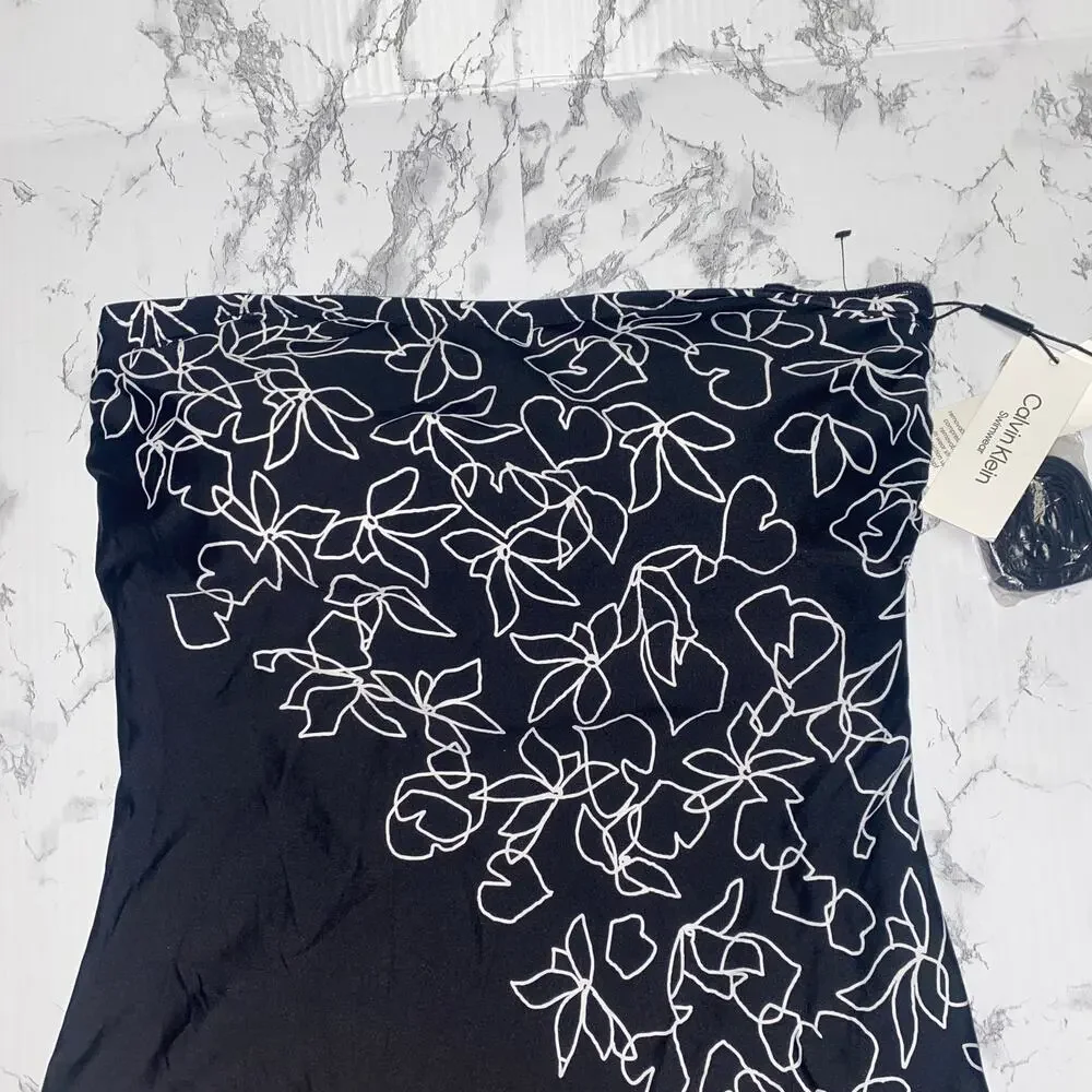 NWT Calvin Klein Black Floral Bandeau One Piece Swim Bathing Suit Womens Size 14